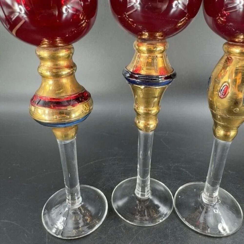 Bombay Company Romanov Ruby Gold Long Stem Cordial Glasses Cadmium UV Glow Set 3